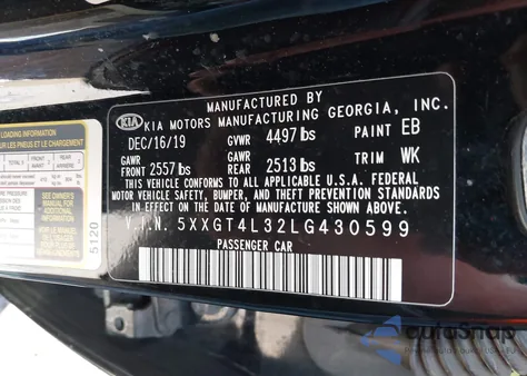 2020 Kia Optima Lx z USA, uszkodzony, nr VIN 5XXGT4L32LG430599